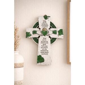 Irish Blessing Celtic Cross Wall Decor Claddagh Shamrock 9x7 Hanging Plaque
